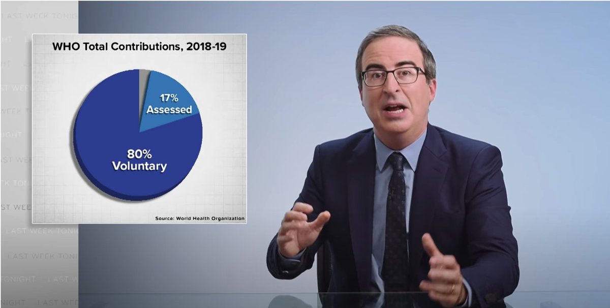 The masterclass continues: @iamjohnoliver makes understandable the discrepancy between “assessed” and “voluntary” state contributions to the  @WHO, critical of US efforts under Reagan to underfund WHO & then twist the  #GlobalHealth agenda through voluntary funding streams.