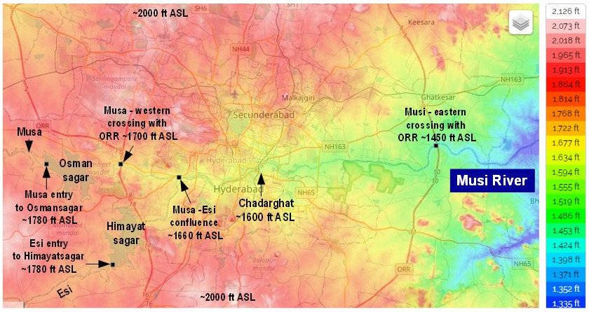 4/14Let us follow the Musi through the city. Musa is Musa + Esi. Both Musa and Esi enter their respective holding reservoirs - Osmansagar and Himayatsagar - at identical elevations of ~1780 ft ASL. Musa emerges from Osmansagar and crosses Outer Ring Road at ~1700 ft ASL