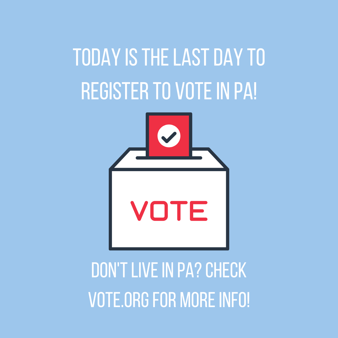 DsonResLife's tweet photo. Today is the last day to fill out your voter registration for Pennsylvania!  If you don't live in PA, check out https://t.co/OJ6Q6uXS4a for your state or go to your states voting information site! 

#vote #dsonreslife #votepa #getoutthevote #voterregistration https://t.co/kcfVOsZBny