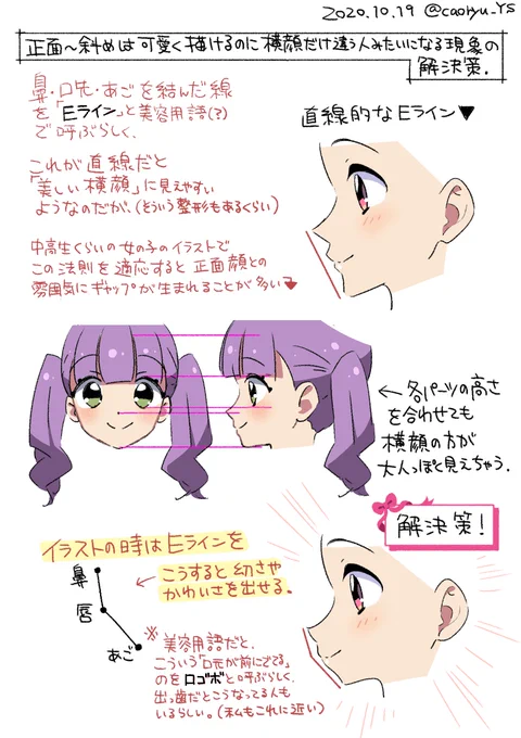 ★正面顔～斜め顔は可愛く描けるのに横顔になった瞬間やけに大人っぽいデザインになってしまう現象の解決策

★煽りアングルの襟とリボンついての気付き

★プリーツスカートが奥に回りこむ所の立体をサラっと描ける人マジで神だよなって話 