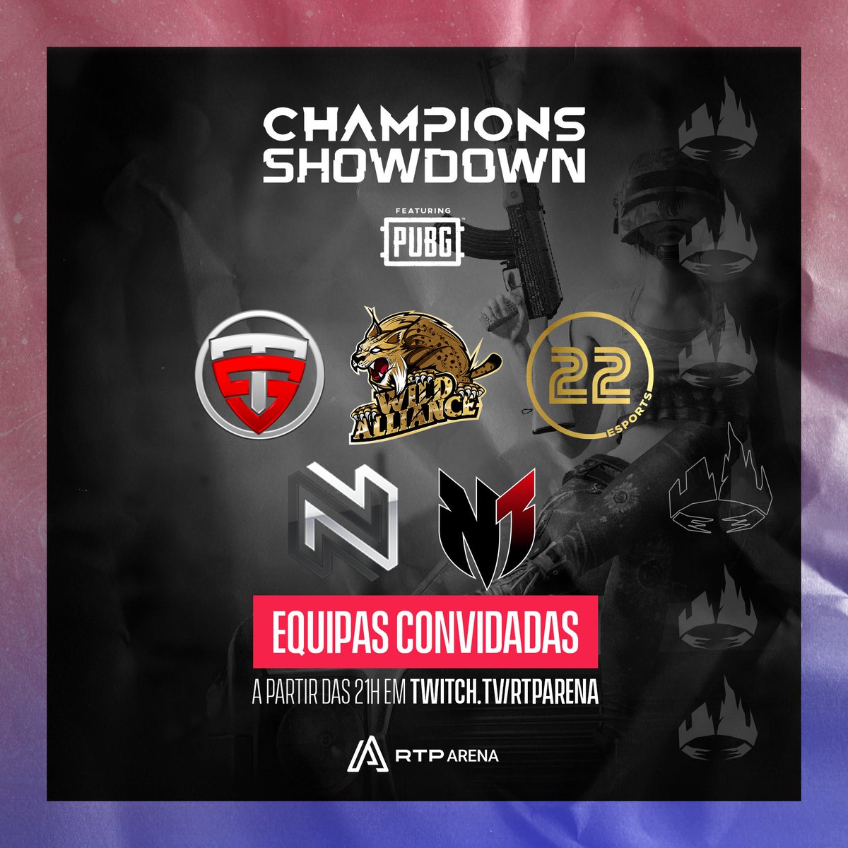 🏆 Estes são os convidados do Champions Showdown PUBG #3!

▶️ <a href="/wild_alliance/">Wild Alliance Community</a>
▶️ Next Level
▶️ <a href="/Team_Satire/">Team Satire</a>
▶️ <a href="/22eSports/">22 ESPORTS</a> 
▶️ Nice1
 
⚠️ Ainda te podes inscrever na competição que começa hoje! 👉 bit.ly/CS-PUBG-3-2
