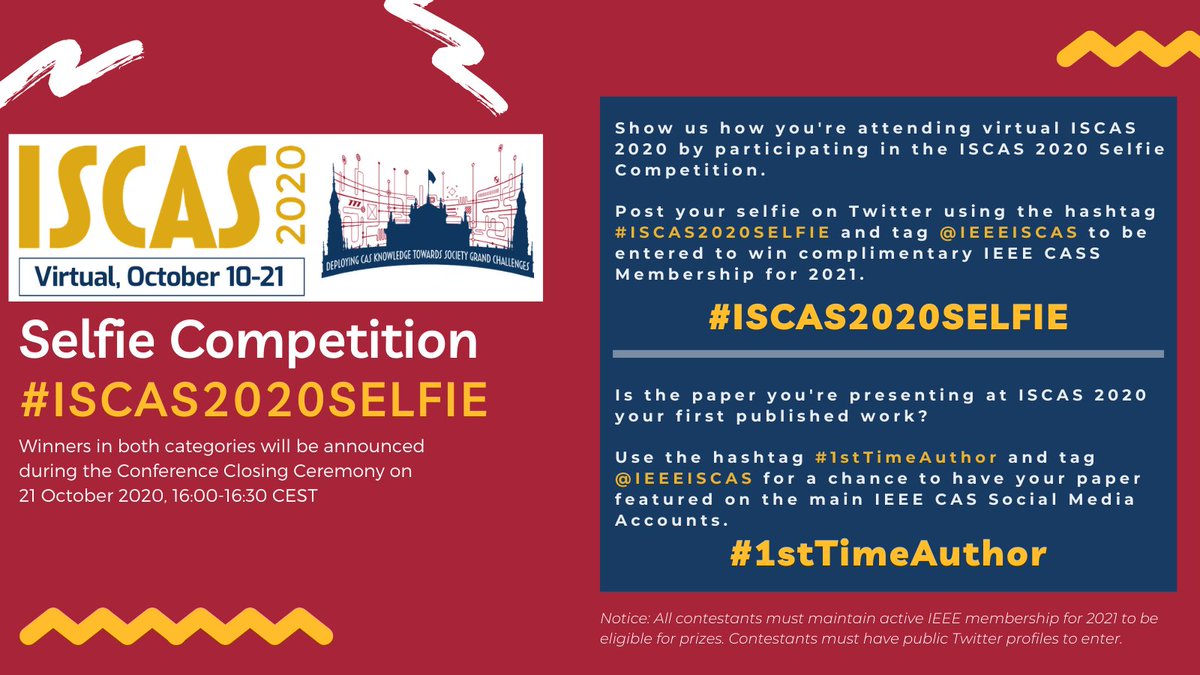 IEEEJETCAS's tweet photo. Are you attending virtual ISCAS 2020 today? Show us how by posting a selfie on Twitter using hashtag #ISCAS2020Selfie
Be sure to tag @IEEEISCAS to be entered to win complimentary @ieeecassociety Membership for 2021!
Full details in the flyer below https://t.co/6mYYapM0c2