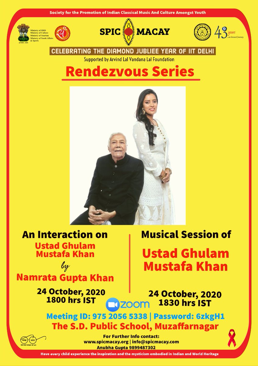 spicmacay's tweet photo. We are delighted to have with us Ustad Ghukam Mustafa Khan as we celebrate the diamond jubilee year of @iitdelhi

An interaction on Ustad Ghulam Mustafa Khan @iUGMK by Namrata Gupta Khan @namratagupta followed by a musical session🙏🏽

Join us on Zoom on 24th Oct | 6 PM IST https://t.co/YIfV9aoUOs
