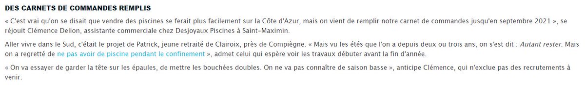 Encore un indicateur qui confirme la croissance forte: publi +39% du T3 de Aello le 16/10/20 (filiale Thermador en équipements de piscine)Et on commence à voir des commandes jusqu'en sep 2021Cf ITW dans le Parisien pour l'oise https://bit.ly/3j9OgYs&nbsp;