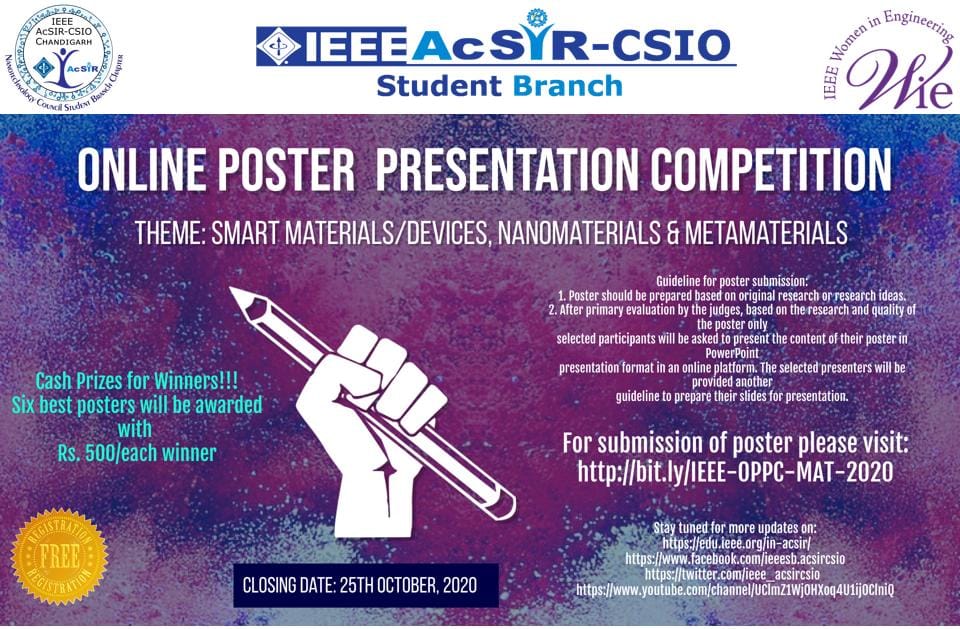 ieee_acsircsio's tweet image. IEEE AcSIR-CSIO Student Branch, Chandigarh* contentedly declare online poster presentation competition themed on &quot;Smart materials/Devices, Nanomaterials and Metamaterials&quot;
Submission deadline: 25th October, 2020
Register at:👇🏻
bit.ly/IEEE-OPPC-MAT-…
No registration fee
Hurry Up!