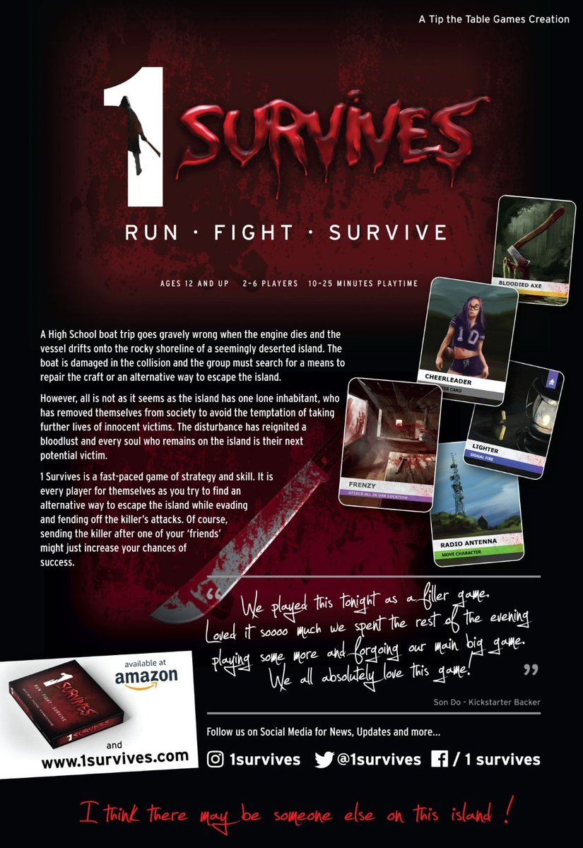 For the first time ever 1 Survives can be played at Halloween 🎃👻☠️.

Tag us in pics of you playing! Not got a copy yet??

Go 1survives.com or search the toys and games in Amazon!

#cardgames #Halloween #slasher #HorrorMovies #HorrorFam #horror #boardgames #horrorfan