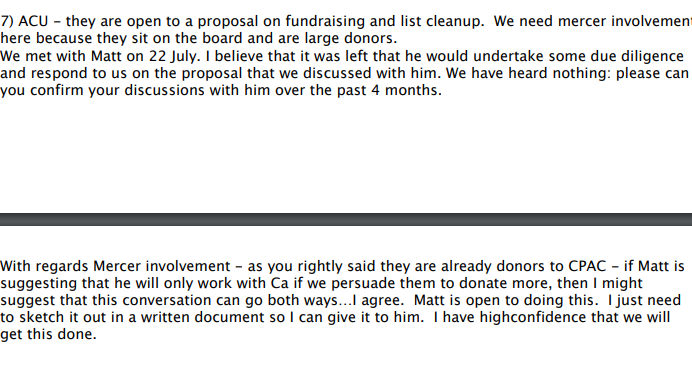 Again, I've zero knowledge of US campaign finance law but this email from Matthew F Hunter seems to be suggesting there's a two-way process between donations to a PAC, and hiring Mercer's Cambridge Analytica as a client