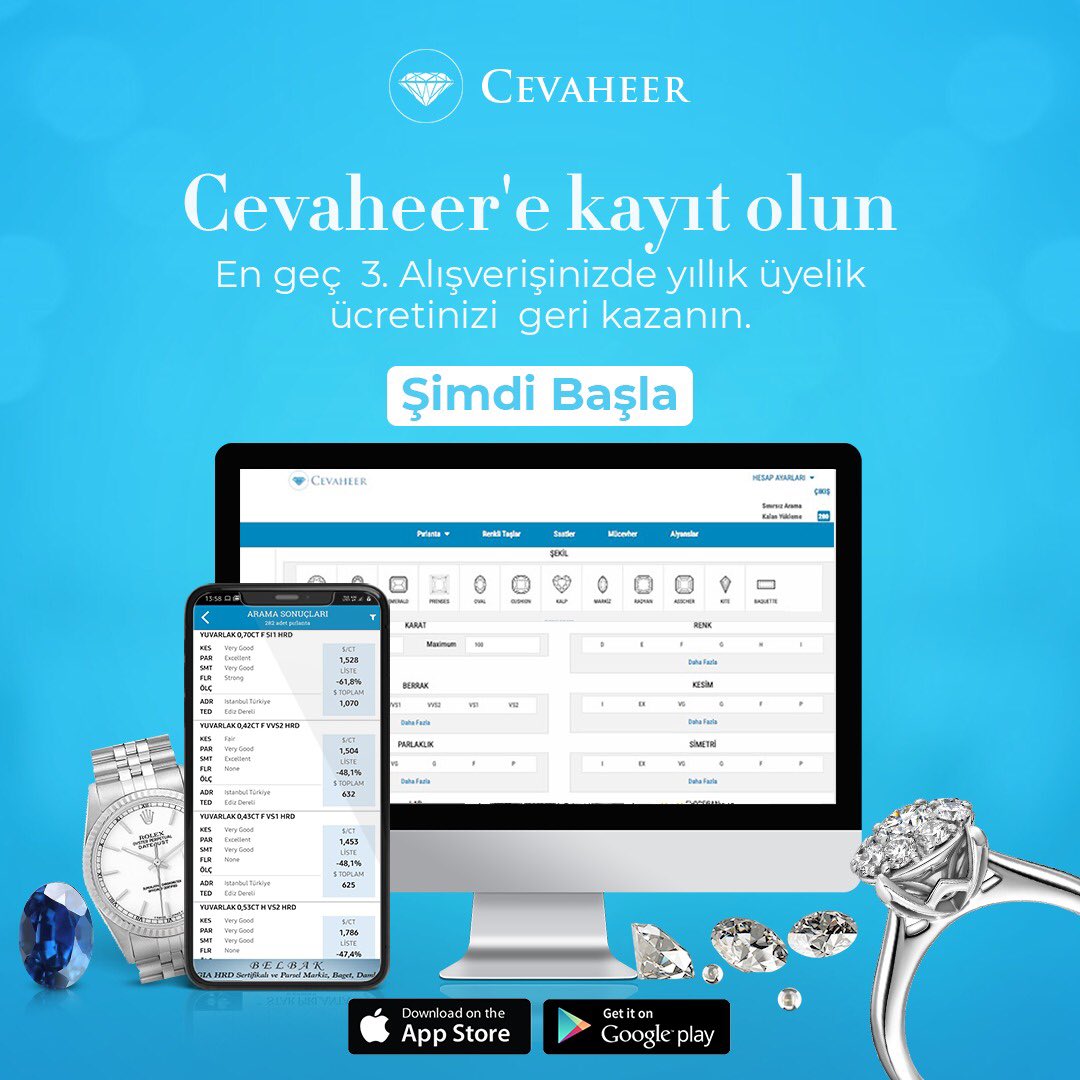 Türkiye'nin en büyük pırlanta ve mücevher online pazaryerine sizde üye olun ve İşinizi büyütmekye hemen başlayın. En geç 3. alışverişinizde yıllık üyelik ücretinizi geri kazanın!

#Cevaheer #CevaheerOnline #mücevherat #Pirlanta