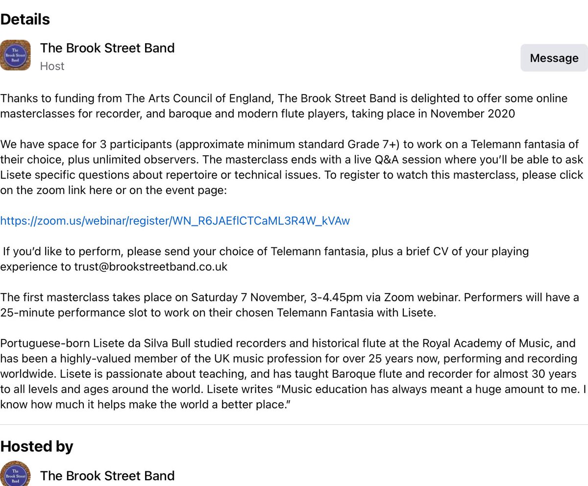 Zetadasilva's tweet photo. Very excited to be doing this free @ace_national sponsored online masterclass as part of @BrookStreetBand @home series, for advanced recorder and flute players,listeners welcomed too! Info on photos. @BrookStreetBand  @SRPrecorder #recorder #recorderteacher #fluteteacher #flutist https://t.co/Quk4jsdQaL
