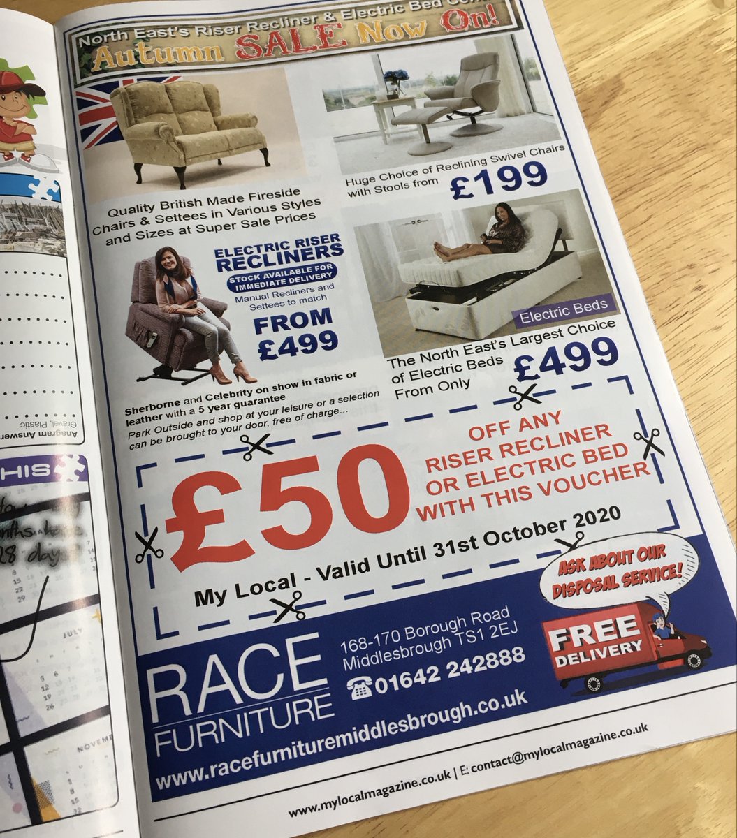 If our previous 'shout out' for <a href="/Race_Furniture/">Race Furniture</a>  caught your eye..

You might of noticed they offer a range of recliner chairs &amp; electric beds.

With an amazing £50 off Voucher (featured in our latest issue) now might be a good time to pop in!

*Voucher valid until 31st Oct.