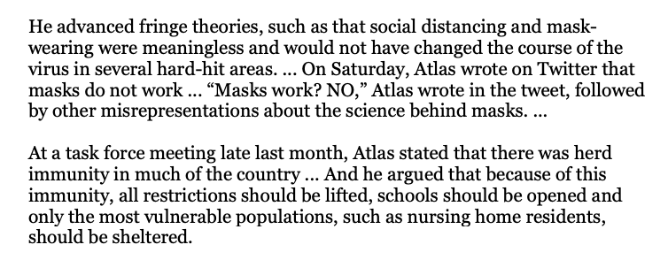 Atlas is undermining preventive measures. He dismisses masks and social distancing as meaningless. Two days ago, he publicly rejected the idea that "masks work." He says all restrictions on activity should be lifted except for the highest-risk groups. /2  https://wapo.st/3dMuQb2 