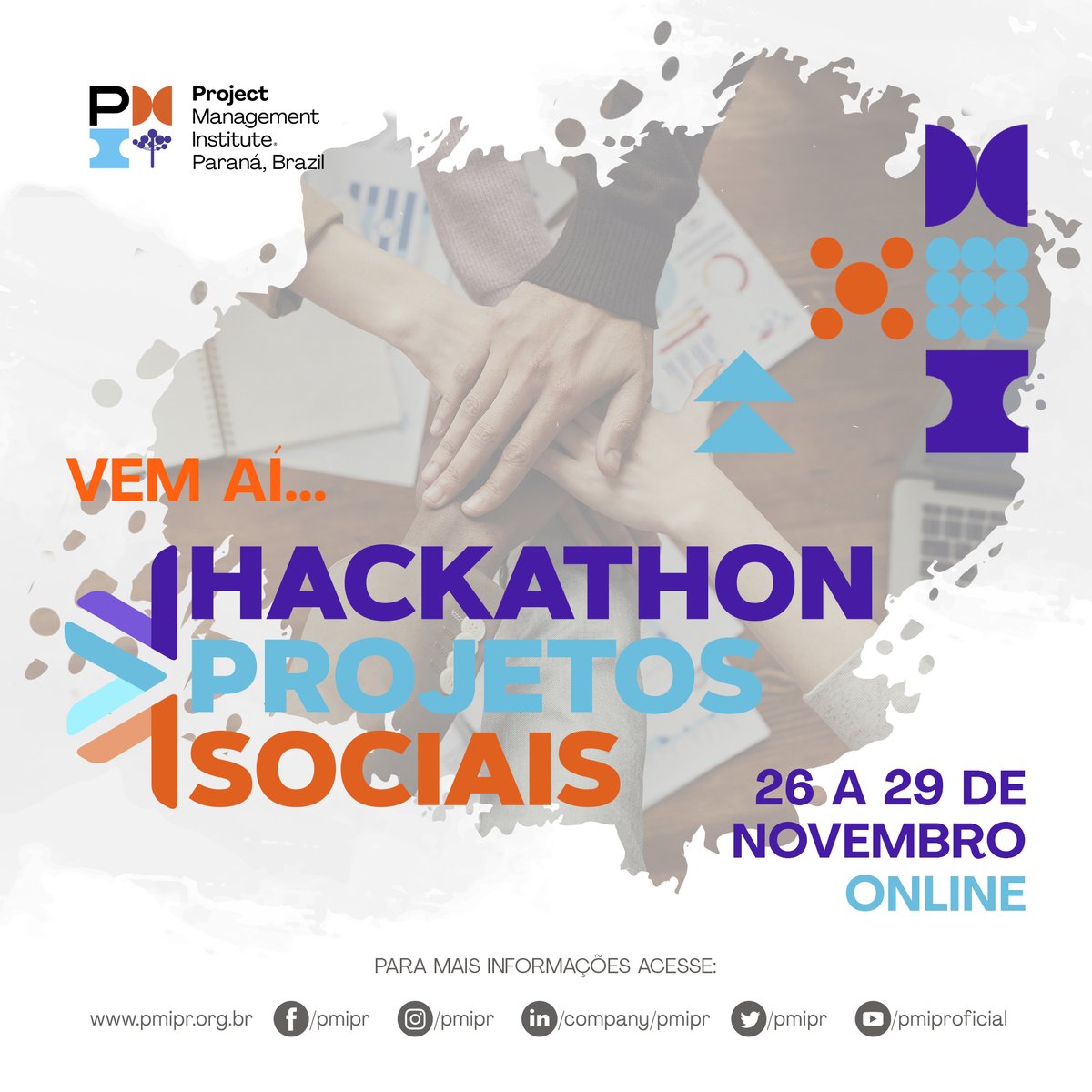 PMIPR's tweet photo. [SAVE THE DATE]

Vem aí o Hackathon de Projetos Sociais do PMI Paraná! Uma experiência imersiva, online e gratuita!

Coloque na agenda! De 26 a 29 de novembro.

Em breve, maiores informações!

#hackathon_projetos_sociais
#pmipr https://t.co/0MpSP6AIWj