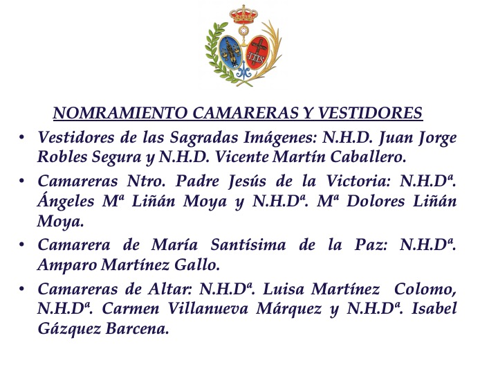 📌CAMARERAS Y VESTIDORES
En el Cabildo Ordinario de Oficiales celebrado el jueves 8 de octubre se nombraron los vestidores y camareras de nuestra Hermandad. https://t.co/9hW2y738pl