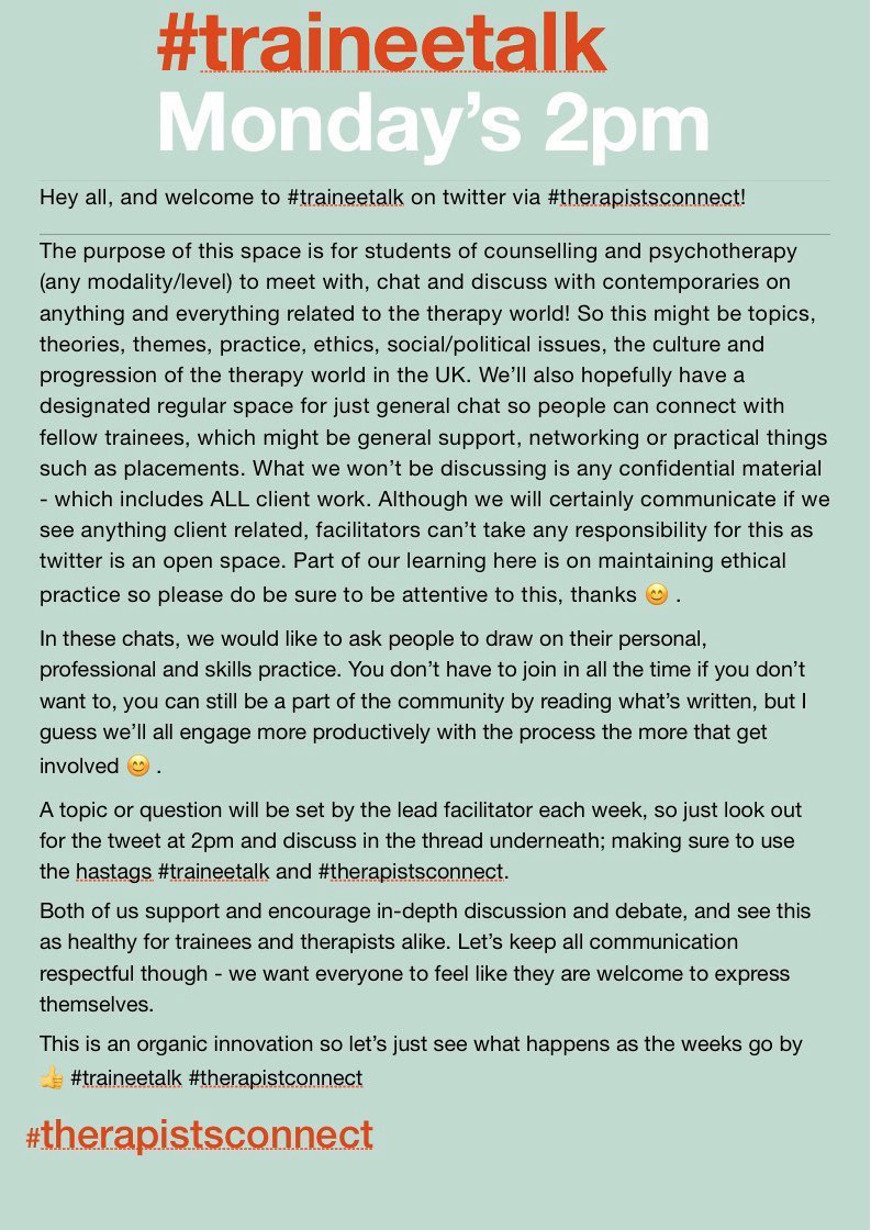 1/10 Today for  #TraineeTalk we are discussing ‘Integrative Counselling/Psychotherapy’.A few starter questions are in this thread for students to think about and discuss, feel free to add your own too.  @drpeterblundell is co-facilitator as usual  #TherapistsConnect