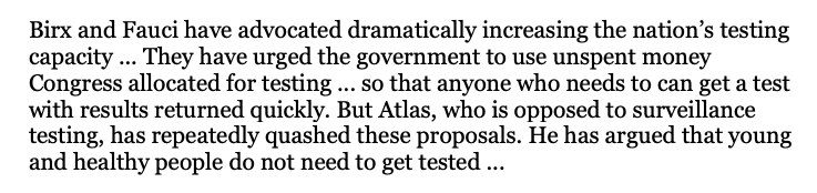 Atlas has blocked efforts to test the general population. As a result, money allocated by Congress for testing is going unspent. That's one reason why people can't get fast test results. It also impedes the government's ability to monitor the spread. /3  https://wapo.st/3dMuQb2 