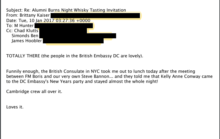 Important. Independent confirmation that Boris Johnson first got close to Steve Bannon with a meeting at the British Consulate in 10 Jan 2017. At the same time Cambridge Analytica were invited to the Foreign Office to discuss elections