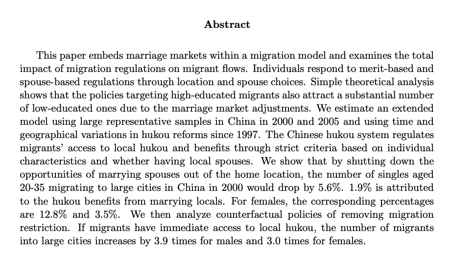 Ling ZhouJMP: "Marriage, Migration Policy, and Migration: Evidence from Hukou Reform in China"Website:  https://sites.google.com/view/ling-zhou/home