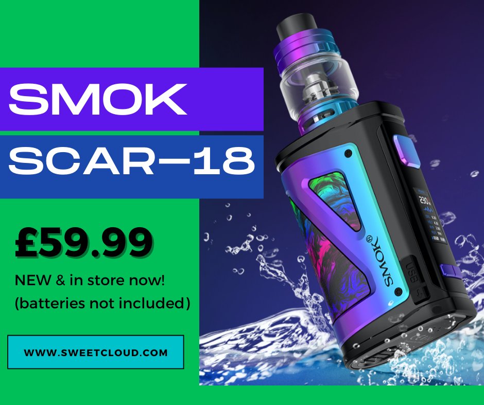 SMOK Scar-18 kit. This mod has nice chrome details &amp; an easy to read screen. The battery door is very responsive and securely locks the battery in the mod.The tank’s a modern spin on an old SMOK classic, it’s nice to see a reliable unit back on the market. sweetcloud.co.uk