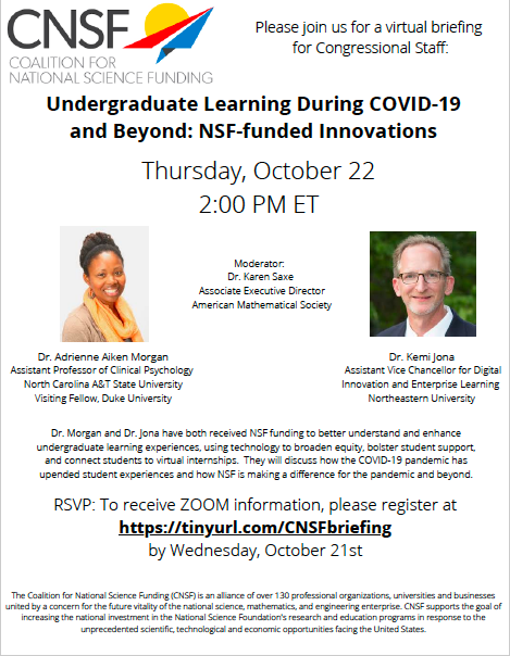 I will be speaking at a virtual Congressional Briefing this Thursday on our <a href="/NSF/">U.S. National Science Foundation</a> funded project: "Promoters of and Barriers to Successful Remote Learning during the COVID-19 Pandemic among HBCU Students" <a href="/akleePhD/">Anna K Lee</a> @DrJWade122 <a href="/ncatsuaggies/">North Carolina A&T</a> <a href="/NCATCHHS/">NC A&T HCHHS</a>
