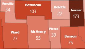 danielchase05's tweet photo. The below graphic is active cases per 10k. Rolette County is the lowest with 22.

Fun fact #1: About 50% of the county's population resides on the TM Reservation.

FF #2: Turtle Mountain has a mask mandate. 

#MasksWork
#MaskUp https://t.co/JL0AnJvYV6