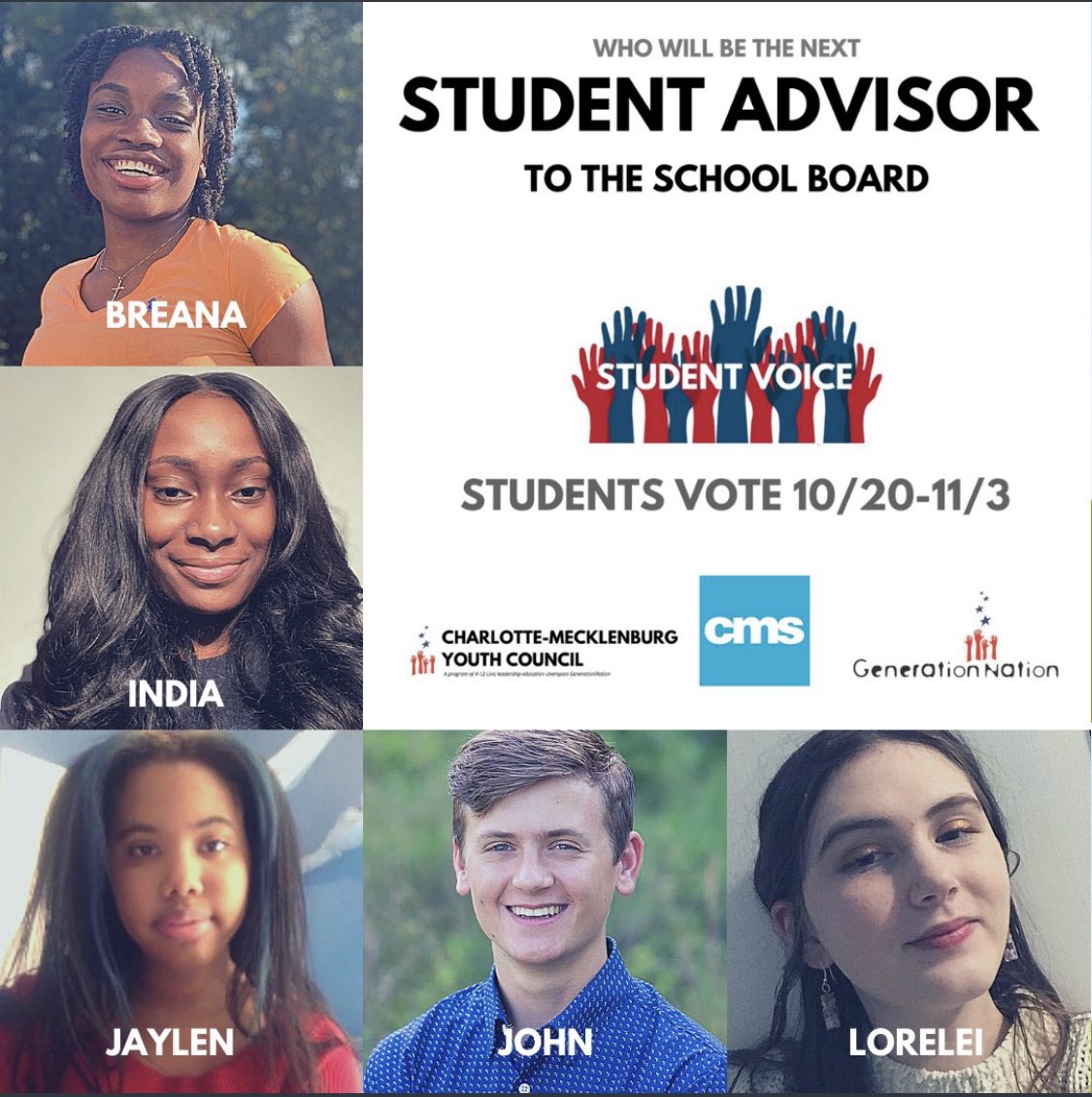 ghswildcat's tweet photo. Who will be the next Student Advisor to the @CharMeckSchools @CMSboard? Congrats candidates: @BreanaFowler19 @NorthMeck_CMS, India @GaringerWildcat, Jaylen @ohstrojans, @john_schubert_ #providencepanthers, and Lorelei @CMS_Merancas. #cltmeckyouth https://t.co/rYoaW677Pa