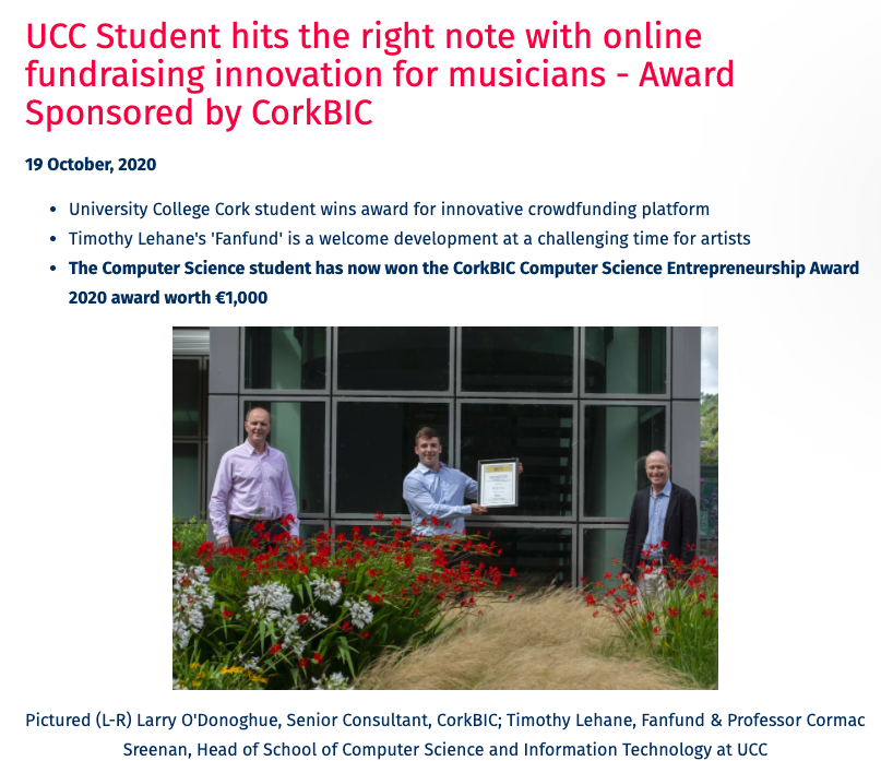 AxisBic's tweet photo. UCC Student hits the right note with online fundraising innovation for musicians - Wins the CorkBIC @UCCCS Computer Science Entrepreneurship Award 2020 award worth €1,000 - Congrats to Tim Lehane & his #crowdfunding platform #FanFund - read full story: https://t.co/oB9XkC1LNc https://t.co/51zquOmFbM