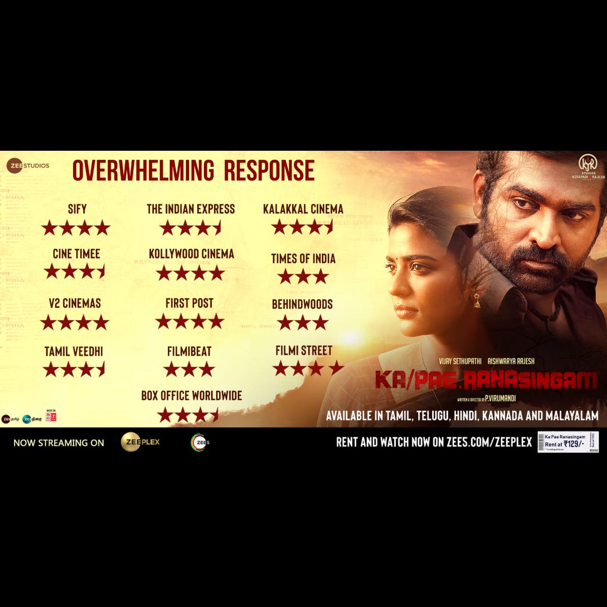 Appreciated by many #KaPeRanasingam is a must watch of 2020. Get your ticket now @zeeplexofficial for Rs.129 only. The movie is available in #Telugu, #Malayalam, #Kannada & #Hindi https://t.co/KaRQmxBioo
@VijaySethuOffl @kjr_studios @aishu_dil @GhibranOfficial @ZeeStudios_ https://t.co/QWDPwuPN7A