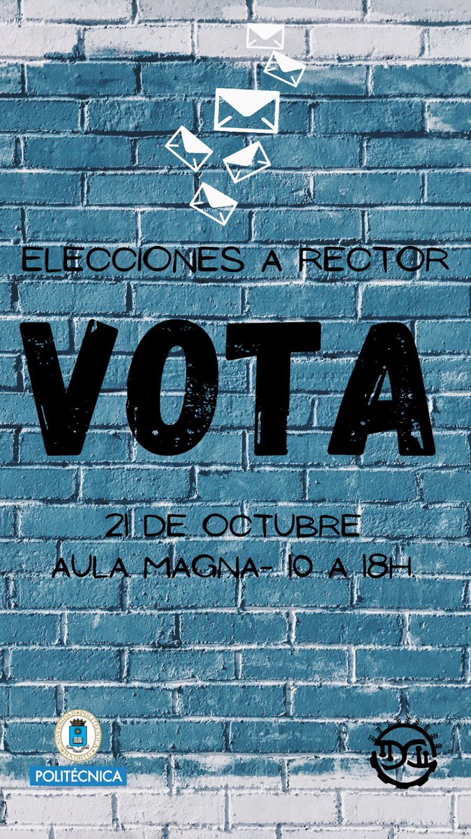 🗳Elecciones a Rector🗳
Podréis realizar vuestro voto de manera presencial el día 21 de Octubre en el Aula Magna del edificio de Agrónomos de 10 a 18h. 

#nuestromomento