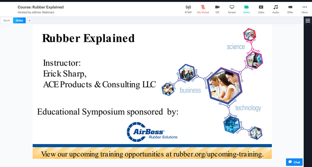 HeatherMaimone's tweet photo. Our @RubberDivision Virtual #RubberIEC has started! Our #RubberExplained and #SoftSkills courses have begun and we have attendees from over 7 countries joining us. Good luck to all of our attendees, exhibitors, members, instructors and speakers! #rubberindustry https://t.co/LmaJjz4yep