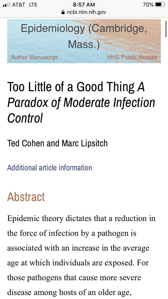 3/ It’s called “Too Little Of A Good Thing: A Paradox Of Moderate Infection Control.” In it,  @mlipsitch makes a persuasive case that for illnesses that are likely to spread widely, efforts to protect people at low risk will be COUNTERPRODUCTIVE. Why?
