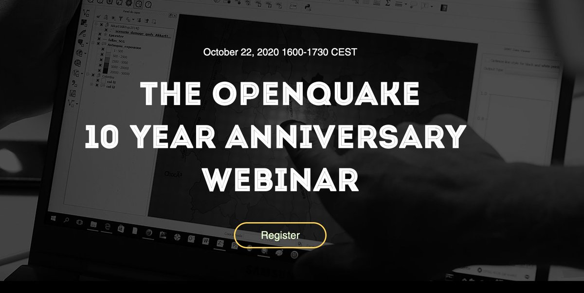 gem_risk's tweet photo. 10 años de #OpenQuake @GEMwrld!!! Acompáñanos en el webinar de este Jueves 22 de Octubre a las 4pm CEST (9am GMT-5) y entérate de los últimos avances en modelación de amenaza y riesgo por #terremotos y de lo que vendrá pronto.  https://t.co/5d6uGE5kWN https://t.co/MwSkGgwVJB