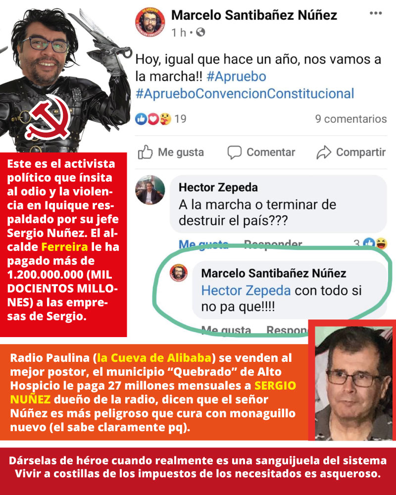 augustoiqq's tweet photo. Marcelo, paladín de los corruptos, subvencionado con arcas fiscales, Un Robin Hood comunista con alzheimer, roba al estado y se le olvida repartir. Llamando a destruir #Iquique. @MHospicio @lanuevasuperiqq @radiopaulina @HombredeRadio @AlcaldeFerreira @RenzoTrisotti @ramongallec https://t.co/IIom8yZ9Ec