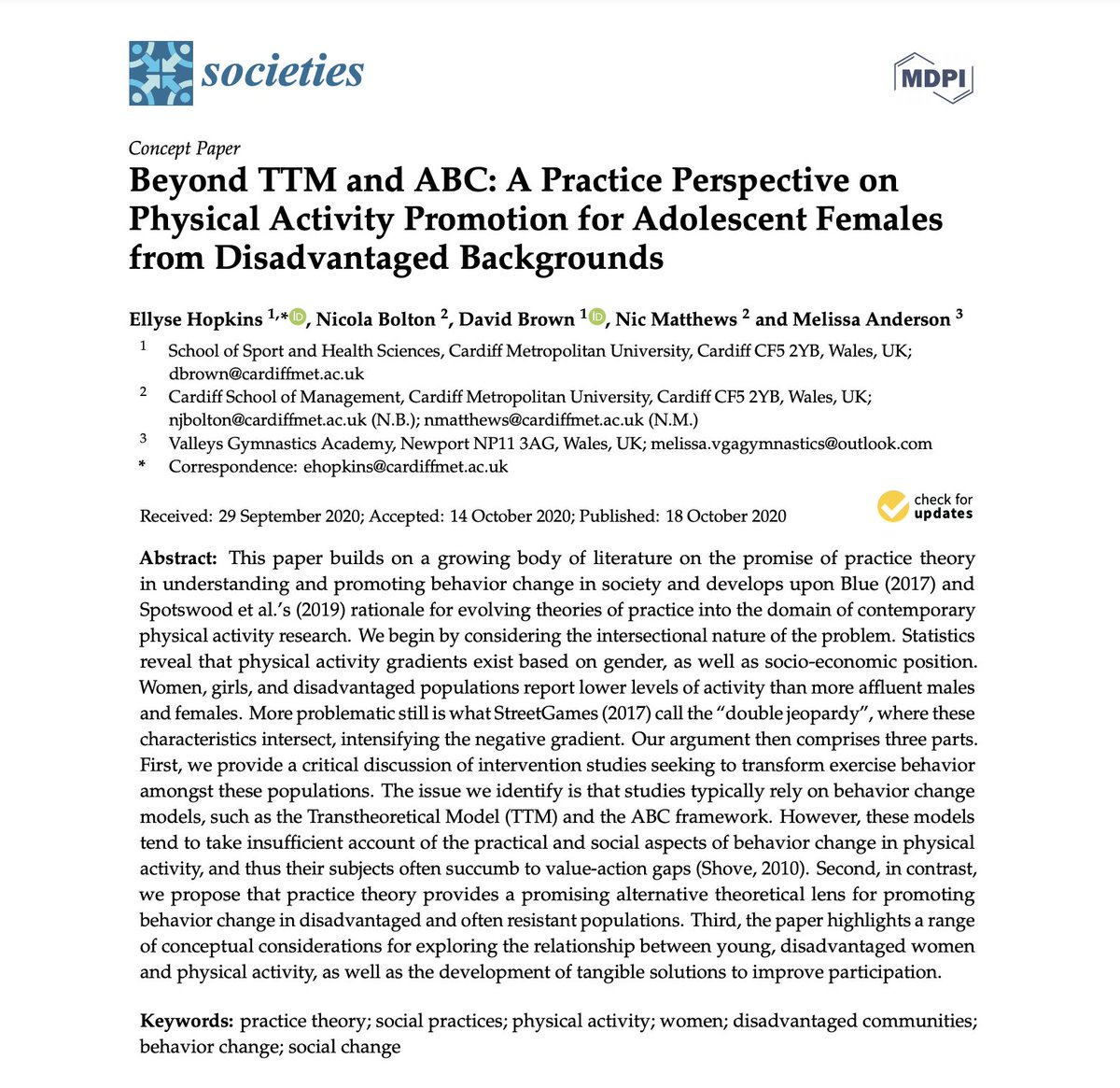 Feels great to get the first publication under my belt with @Societies_MDPI ! Grateful as ever to my supervisory team and the support of @VGAGymnastics and @KESS_Central 📚

'Beyond TTM and ABC...'

#openaccess #practicetheory #physicalactivitypromotion 

mdpi.com/2075-4698/10/4…