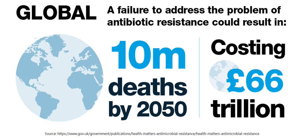 8/16Certains rapports font état de 700 000 morts par an liées à l’antibiorésistance, 10 millions à l’horizon 2050. Ca reste des projections, mais pour sûr les antibios sont un pilier de la médecine en danger. Sans antibios efficaces, pas de greffes, chirurgie, chimios possibles.