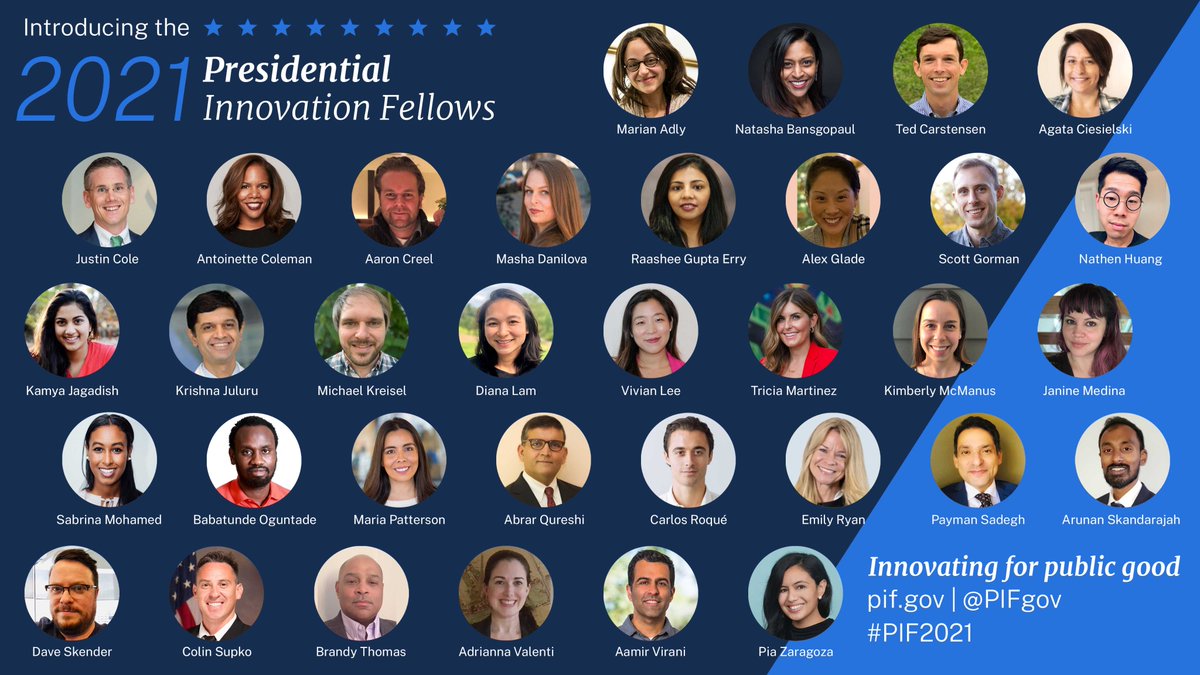  Today we announce 34 NEW Presidential Innovation Fellows. These industry leaders & changemakers will serve as entrepreneurs in residence, collaborating w/ 22 federal agencies on 26 different  #CivicTech projects to serve & empower the public!  #PIF2021  https://www.gsa.gov/blog/2020/10/19/passion-and-purpose-meet-the-2021-presidential-innovation-fellows