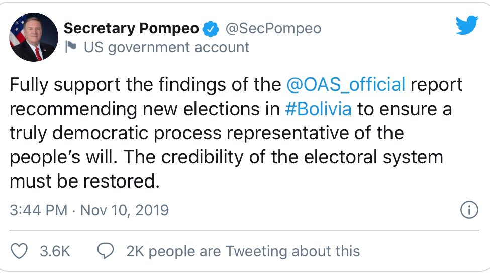 The overwhelming victory by Evo Morales’ party in the Bolivia election highlights a key propagandistic scam: when westerners like  @SecPompeo &  @Yascha_Mounk want to undemocratically change the governments of other nations though coups, they lie & say they’re supporting democracy.