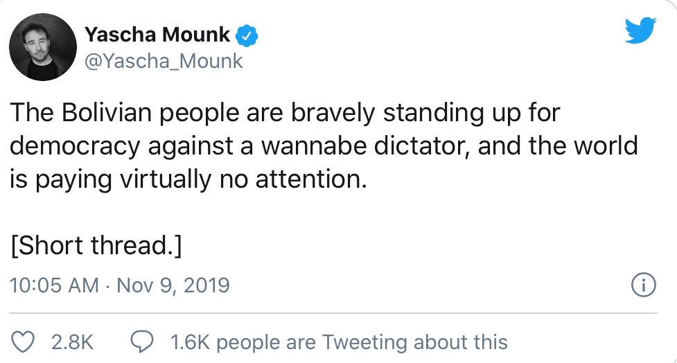 That the US-approved removal of Morales by force could be described with only one word — “coup” — was undebatable because Morales indisputably got more votes, just like his party again did yesterday. If you said this wasn’t a coup, it’s because you don’t believe in democracy.