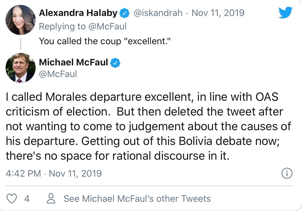 That the US-approved removal of Morales by force could be described with only one word — “coup” — was undebatable because Morales indisputably got more votes, just like his party again did yesterday. If you said this wasn’t a coup, it’s because you don’t believe in democracy.