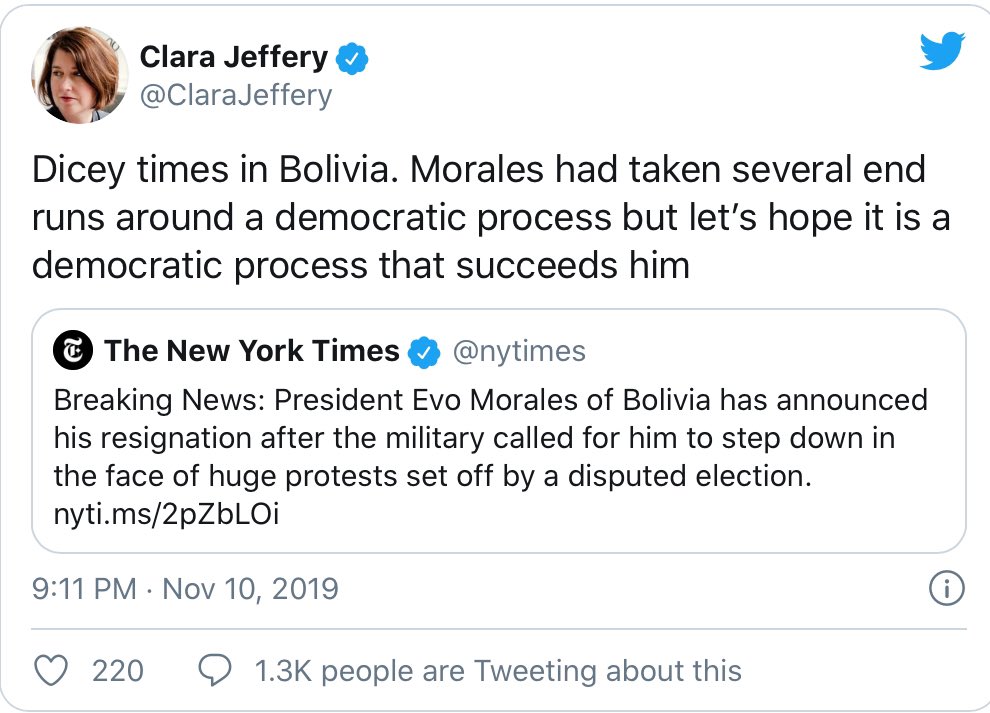 That the US-approved removal of Morales by force could be described with only one word — “coup” — was undebatable because Morales indisputably got more votes, just like his party again did yesterday. If you said this wasn’t a coup, it’s because you don’t believe in democracy.