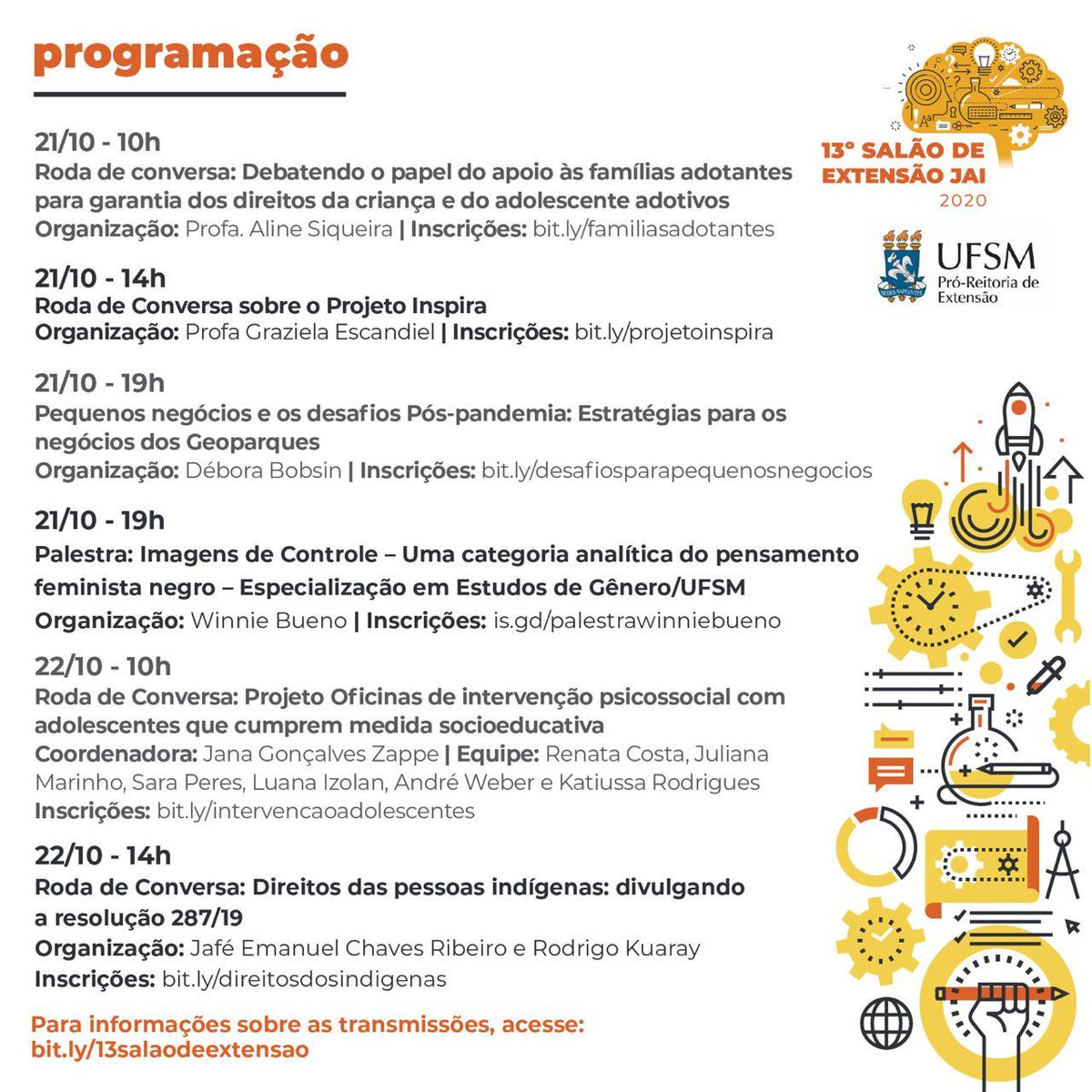 UFSM_oficial's tweet photo. 😍 A #jaiUFSM começou! E junto dela, a @ExtensaoUFSM realiza o Salão da #Extensão 2020.
🗓 No evento, serão promovidas uma série de atividades #online: oficinas, rodas de conversa, apresentações culturais, entre outras.
👉🏾 Confira a programação em https://t.co/3GkaqwhBAi. https://t.co/1ijLYUOlN8