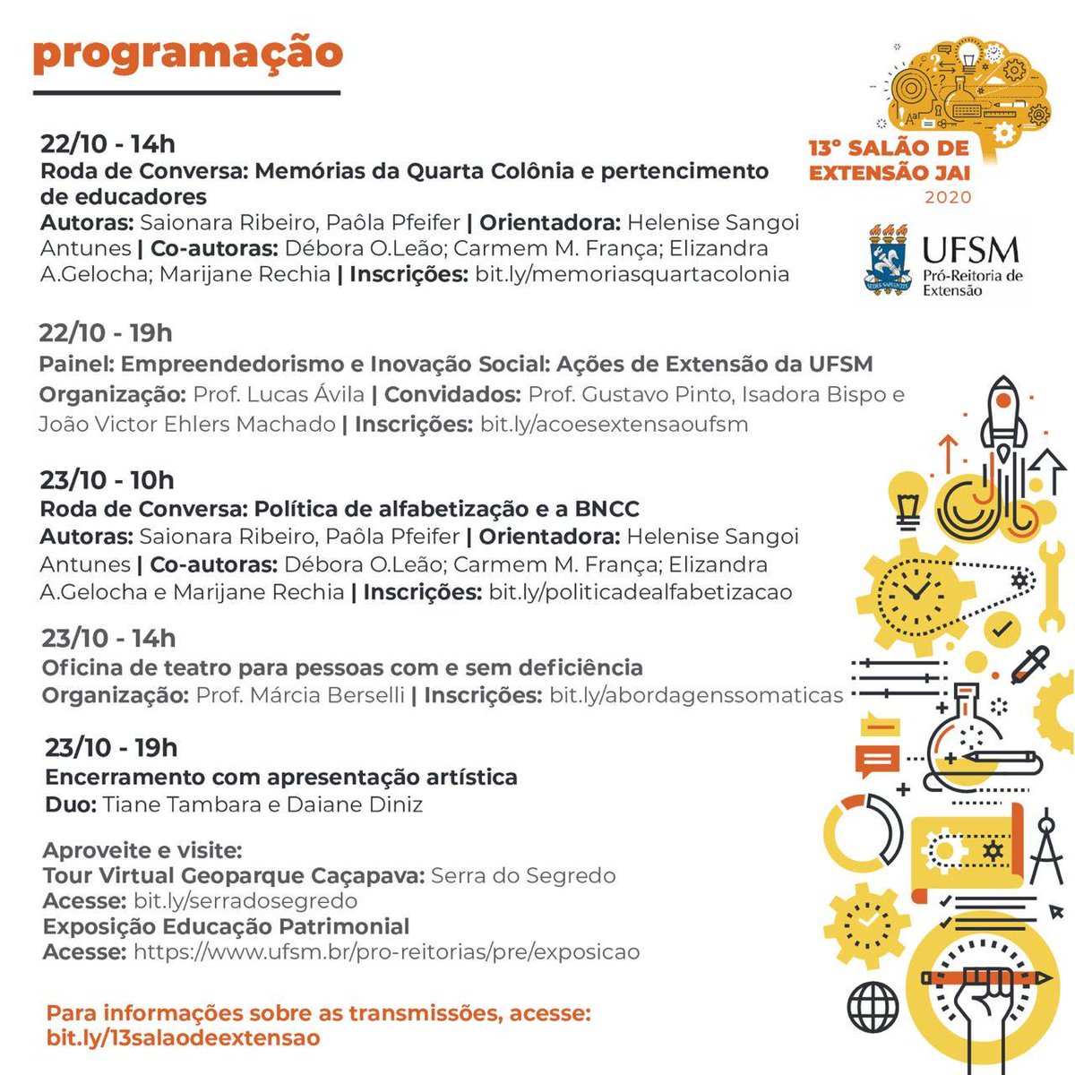 UFSM_oficial's tweet photo. 😍 A #jaiUFSM começou! E junto dela, a @ExtensaoUFSM realiza o Salão da #Extensão 2020.
🗓 No evento, serão promovidas uma série de atividades #online: oficinas, rodas de conversa, apresentações culturais, entre outras.
👉🏾 Confira a programação em https://t.co/3GkaqwhBAi. https://t.co/1ijLYUOlN8