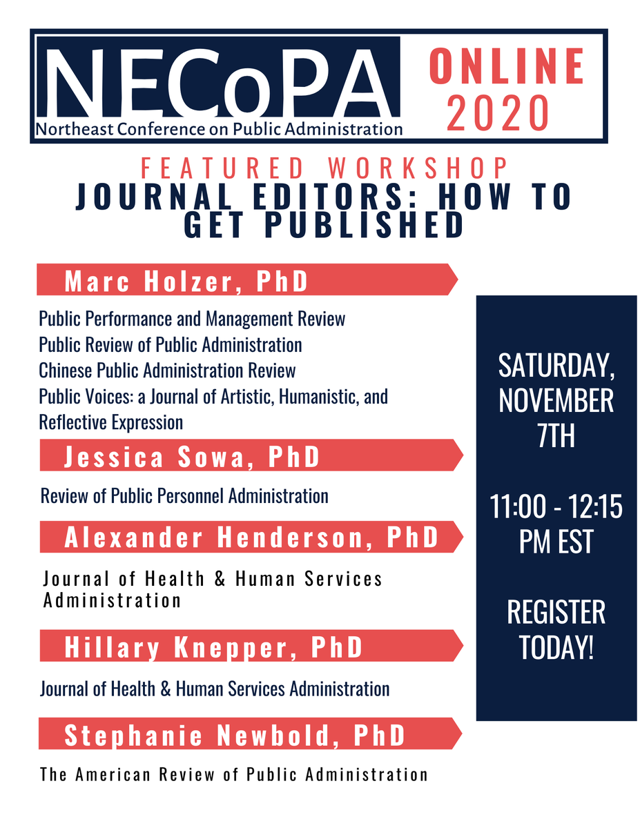 One day left to register for NECoPA 2020! If your goal is to publish a paper on public administration in the next year, you won't want to miss the Journal Editor's Workshop: "How to Get Published."
eventbrite.com/e/2020-northea…
<a href="/MassASPA1/">MassASPA</a> <a href="/MassASPA/">MassASPA</a>