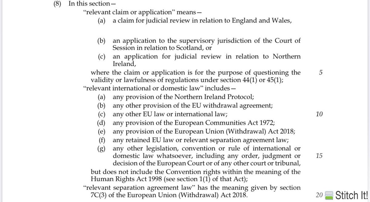 Fortunately this is defined later in s 8 of Clause 47 where it specifically says that the Convention Rights referenced in s 1(1) of the Human Rights Act are not covered by the definition of a “relevant domestic of international law”/8 #Brexit