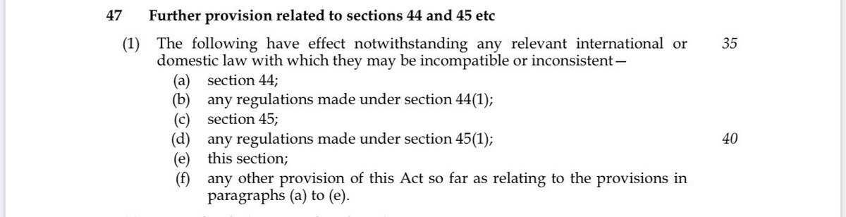 As I alluded to earlier any regulations made under Clauses 44(1) & 45(1) “have effect notwithstanding any relevant international or 35 domestic law” but what does that mean?/7 #Brexit