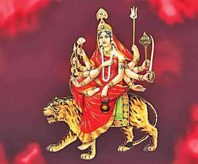 Day 3: Chandraghanta With her forehead adorned by the half-moon, Chandraghanta is ten-armed carrying weapons, Aksharamala, Kamala and Kamandala.Her hands are in Abhaya-Varada Mudra. She rides the tiger, rushing to protect her devotees.