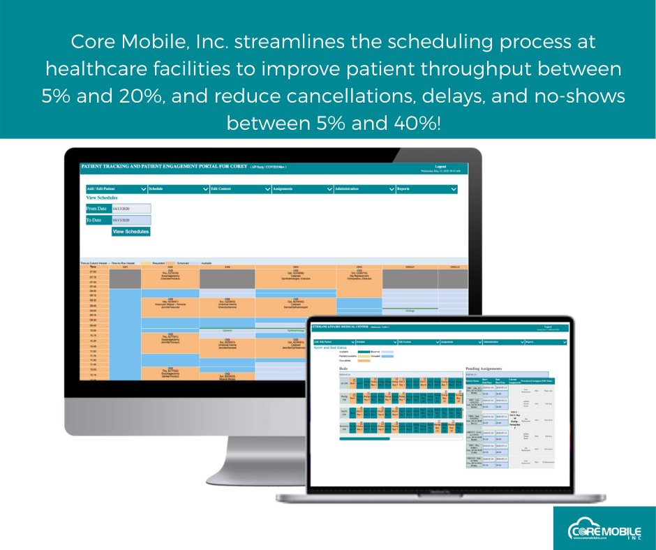 CoreMobileInc's tweet image. Core Mobile, Inc. provides a solution that streamlines the scheduling process at healthcare facilities to improve patient throughput between 5% and 20%, and reduce cancellations, delays, and no-shows between 5% and 40%!
#DigitalHealth #MobileHealth  #ScheduleOptimization