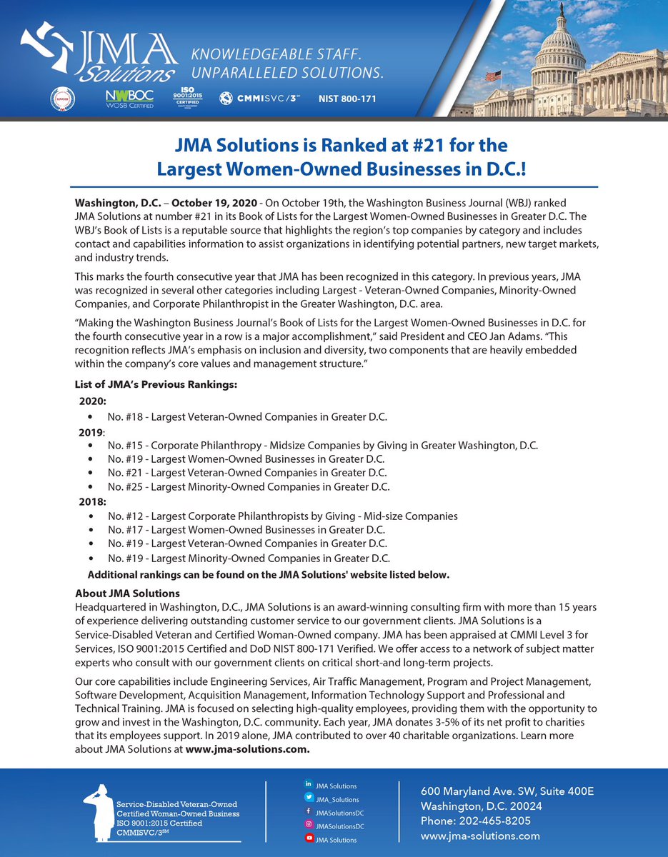 JMA_Solutions's tweet image. Our team is proud to announce that the @WBJonline has ranked @JMA_Solutions at #21 in its Book of Lists for the Largest Women-Owned Businesses in Greater D.C.!
.
Read the full press release on our website below:
bit.ly/3dBOOFf

#JMASolutions #DCBiz