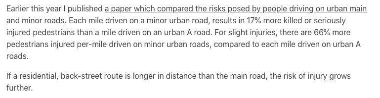 And the result? Each mile driven on an urban residential road results in 17% more deaths or serious injuries to pedestrians than when its driven on a main road. For minor injuries, it goes up 66%.