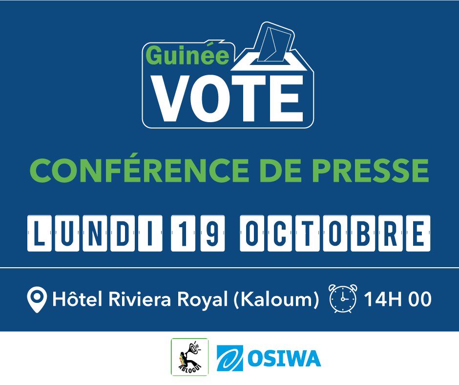 GuineeVote's tweet photo. Rendez-vous dans 30 minutes à l’Hôtel #RivieraRoyal pour un point presse sur la situation de la collecte et traitement de données issues du terrain. #GuineeVote #Kibaro #GuineeVote2020 https://t.co/3cdRWx4T2W