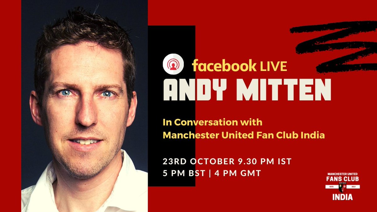 MUFC_India's tweet photo. We are overjoyed!
One and only @AndyMitten joins us for a #MUFCISpecial Podcast 🌟 
Our host 🗣️ @reddevil07nair
Join us at 9:30pm IST, 23rd Oct on the MUFanClubIndia FB page (link in bio).
Make sure you're there ✌️

#MUFC #MUFCI  #podcast #ManUtd https://t.co/65RlW8CVhq